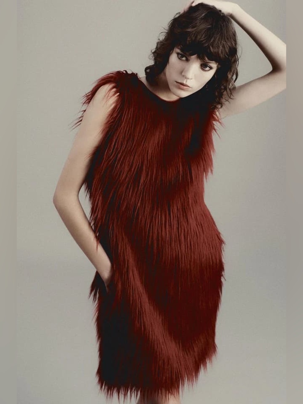 Zara limited edition faux fur sleeveless v-neck back sash mini dress sz.S